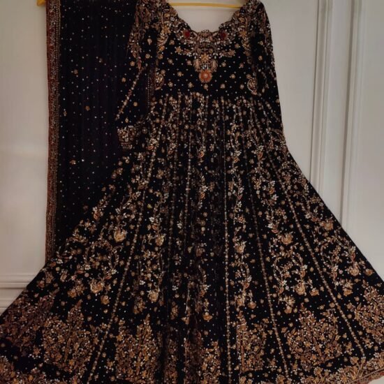 Black Embroidered Party Wear Dress – Peach Gold with Floral Detailing