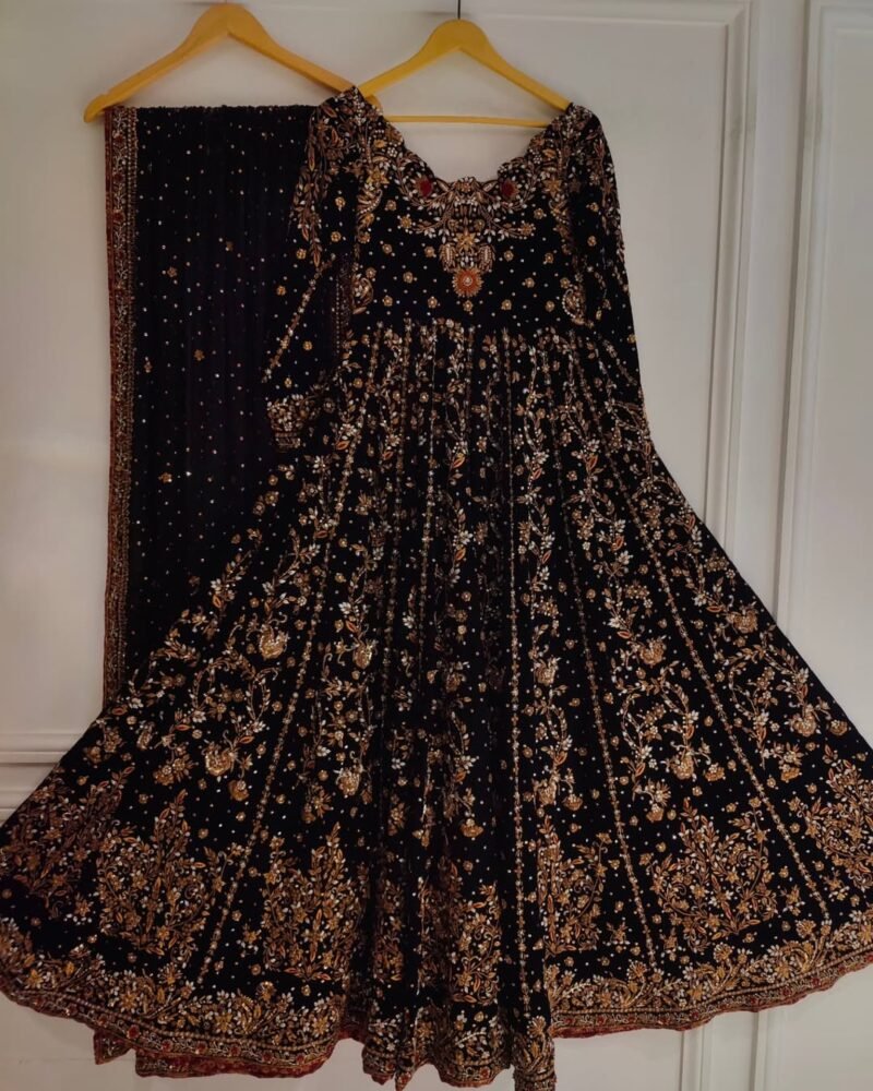 Black Embroidered Party Wear Dress – Peach Gold with Floral Detailing