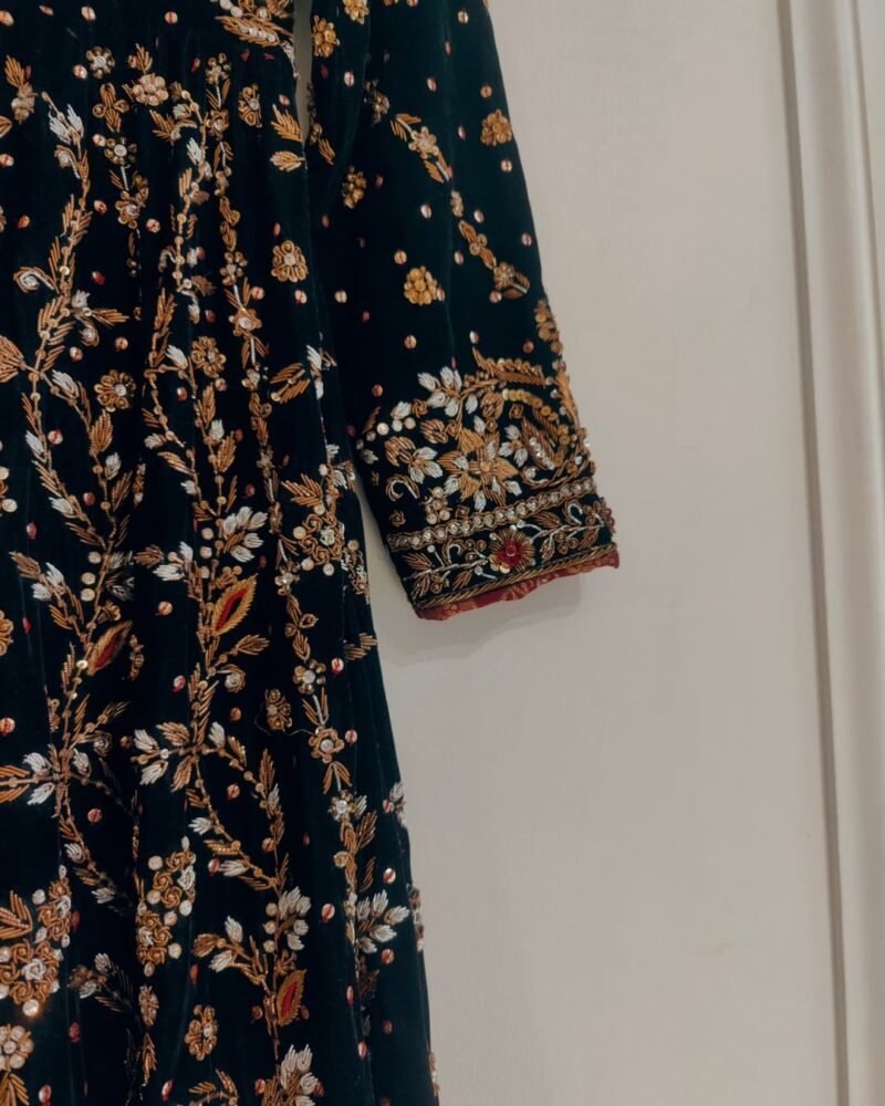 Black Embroidered Party Wear Dress – Peach Gold with Floral Detailing - Image 4