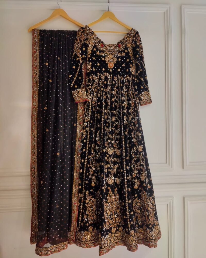 Black Embroidered Party Wear Dress – Peach Gold with Floral Detailing - Image 3