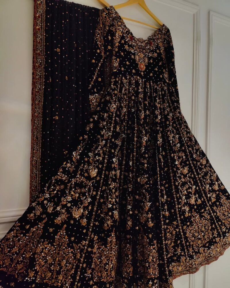 Black Embroidered Party Wear Dress – Peach Gold with Floral Detailing - Image 5