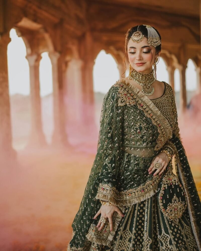 Luxury Bridal Lehenga – Deep Emerald Green with Antique Gold Embroidery - Image 4