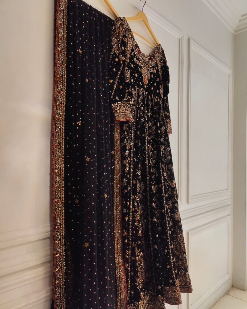 Black Embroidered Party Wear Dress – Peach Gold with Floral Detailing - Image 2