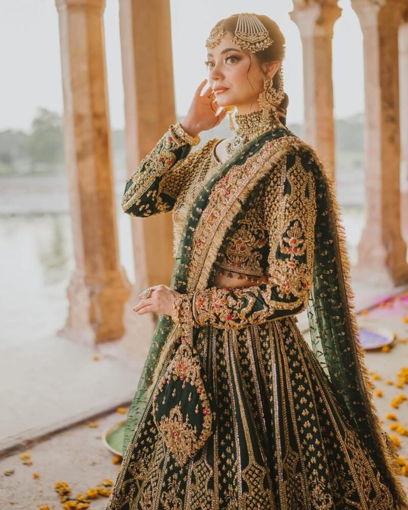 Luxury Bridal Lehenga – Deep Emerald Green with Antique Gold Embroidery - Image 5
