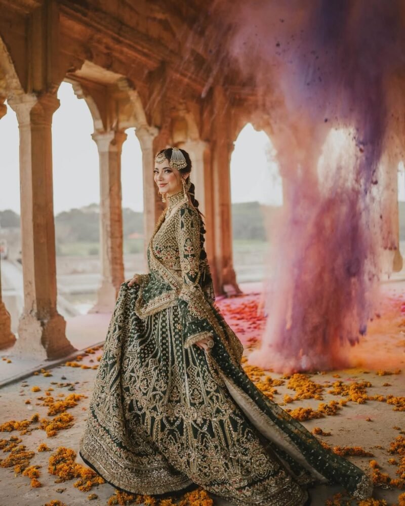 Luxury Bridal Lehenga – Deep Emerald Green with Antique Gold Embroidery - Image 3
