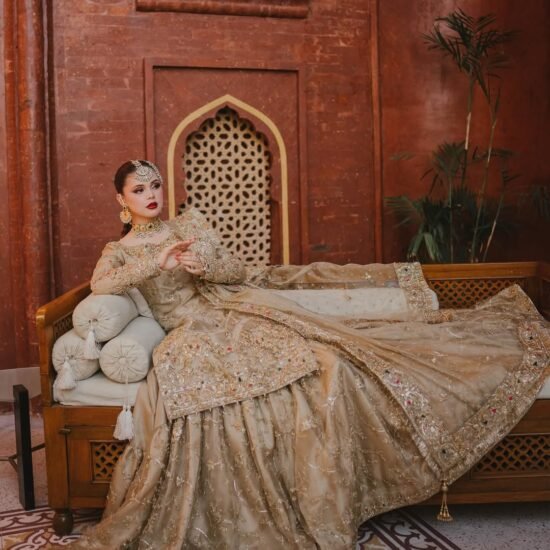 Champagne Gold Bridal Gown with Hand Embroidery & Dupatta