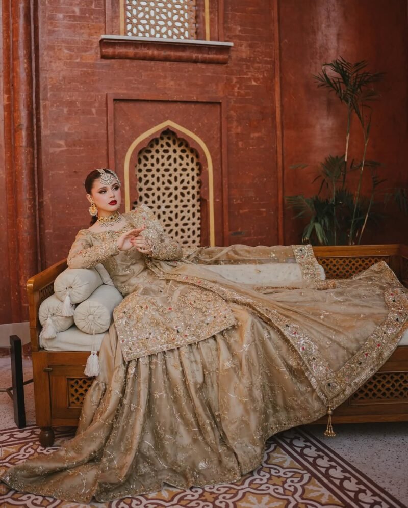 Champagne Gold Bridal Gown with Hand Embroidery & Dupatta