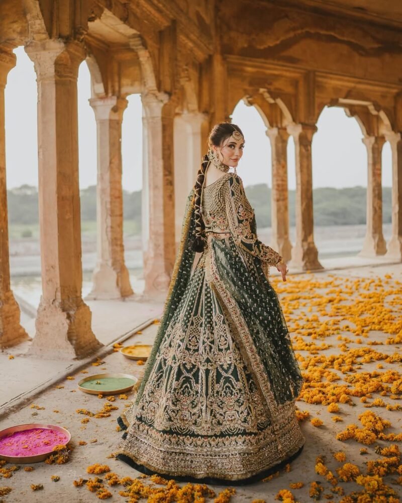 Luxury Bridal Lehenga – Deep Emerald Green with Antique Gold Embroidery - Image 2