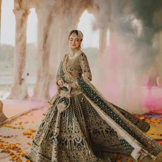Luxury Bridal Lehenga – Deep Emerald Green with Antique Gold Embroidery