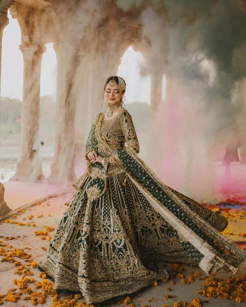 Luxury Bridal Lehenga – Deep Emerald Green with Antique Gold Embroidery