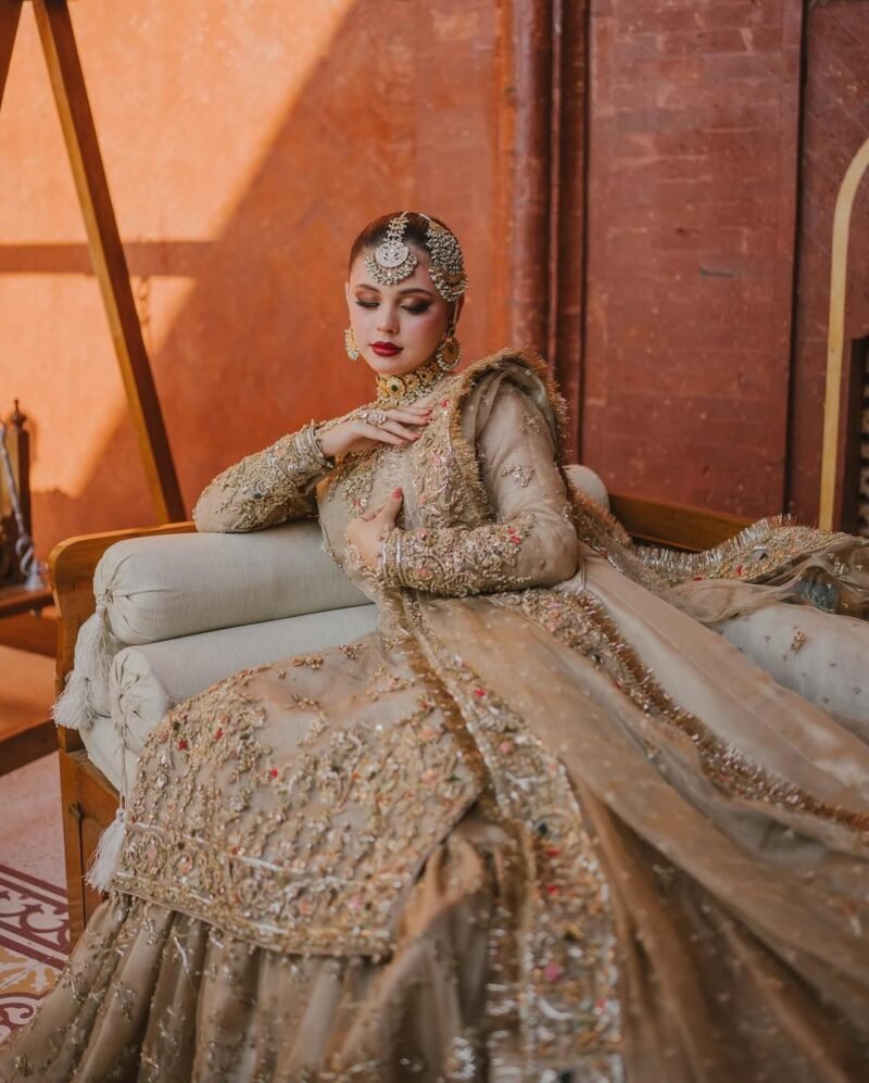 Champagne Gold Bridal Gown with Hand Embroidery & Dupatta - Image 3