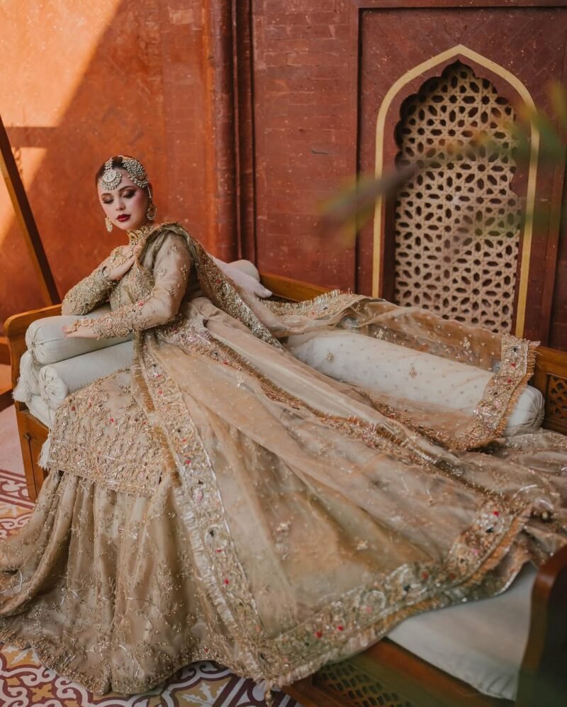 Champagne Gold Bridal Gown with Hand Embroidery & Dupatta - Image 2