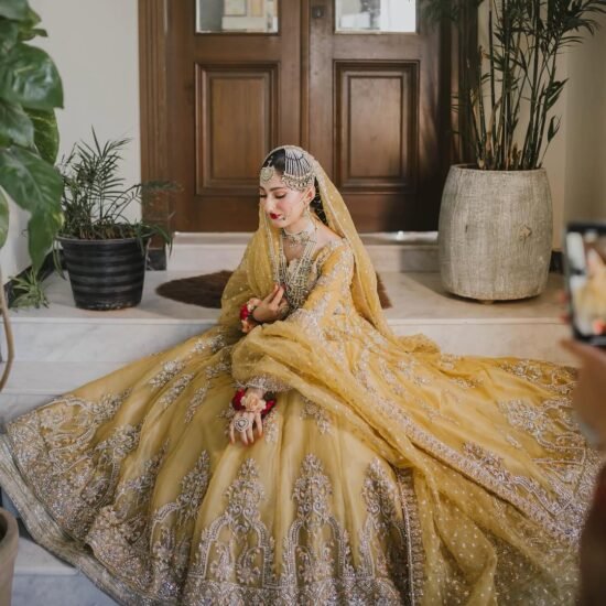 Luxury Mustard-Gold Bridal Lehenga – Hand Embroidered with Silver Zari & Sequins
