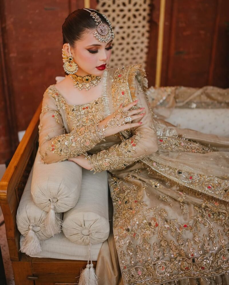Champagne Gold Bridal Gown with Hand Embroidery & Dupatta - Image 5