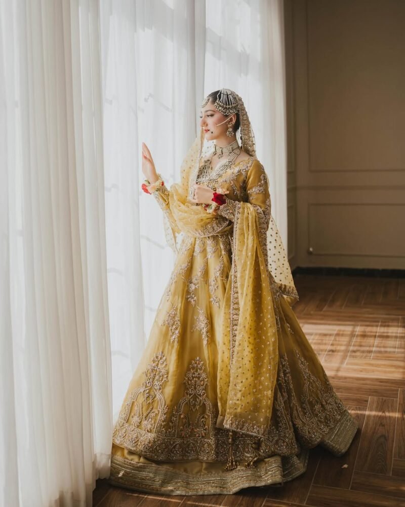 Luxury Mustard-Gold Bridal Lehenga – Hand Embroidered with Silver Zari & Sequins - Image 2