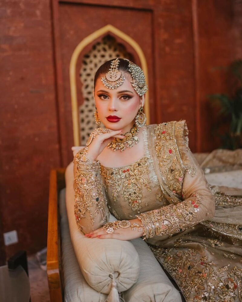 Champagne Gold Bridal Gown with Hand Embroidery & Dupatta - Image 4
