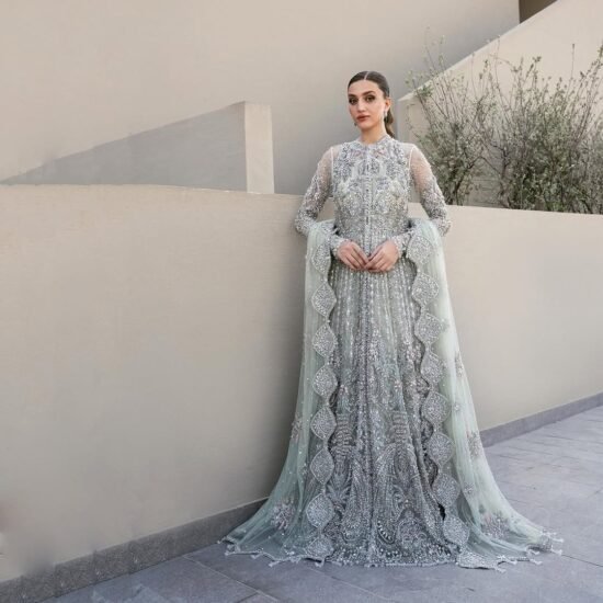 Silver Grey Luxury Embroidered Maxi Dress