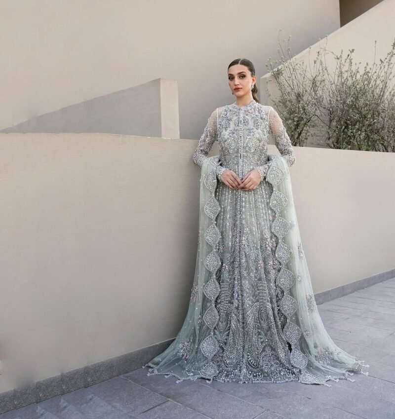 Silver Grey Luxury Embroidered Maxi Dress