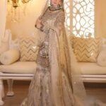Luxury Bridal Sharara Set in Champagne Gold – Hand Embroidered with Multi-Color Detailing