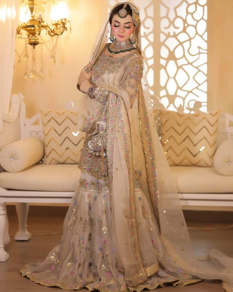 Luxury Bridal Sharara Set in Champagne Gold – Hand Embroidered with Multi-Color Detailing