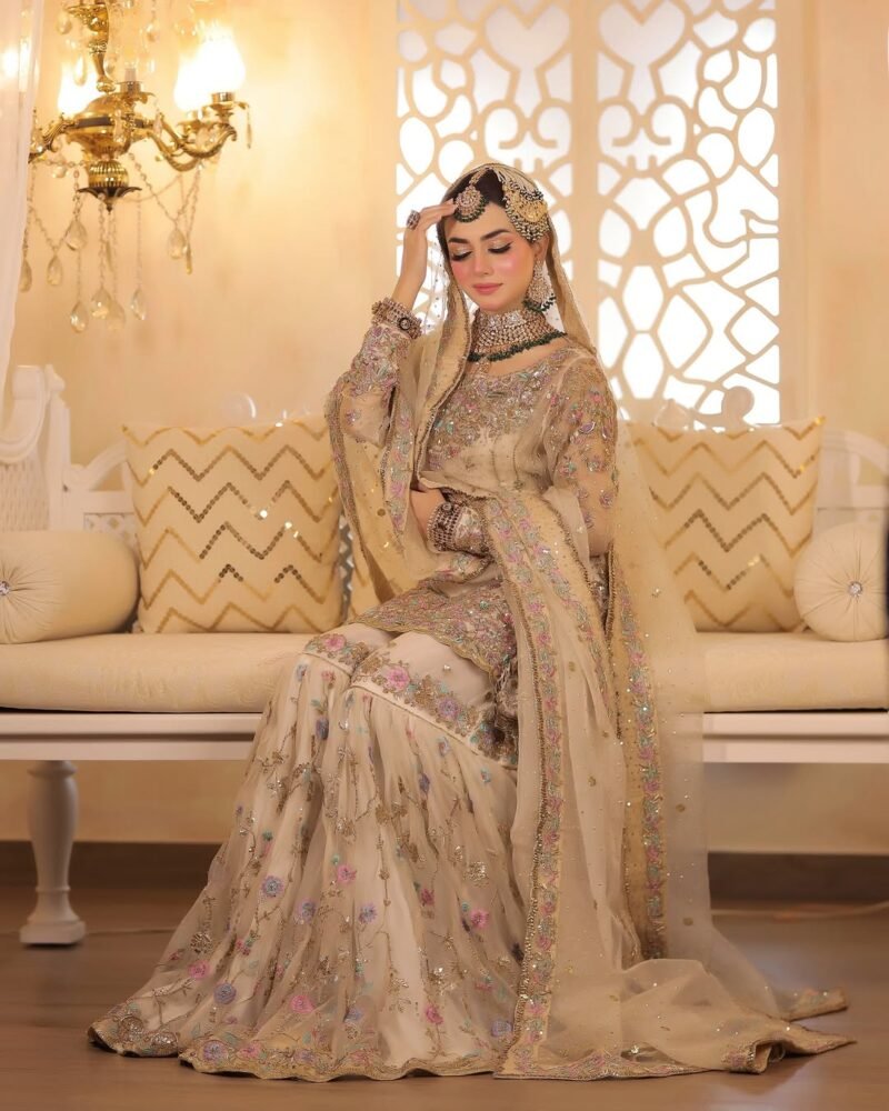 Luxury Bridal Sharara Set in Champagne Gold – Hand Embroidered with Multi-Color Detailing - Image 2