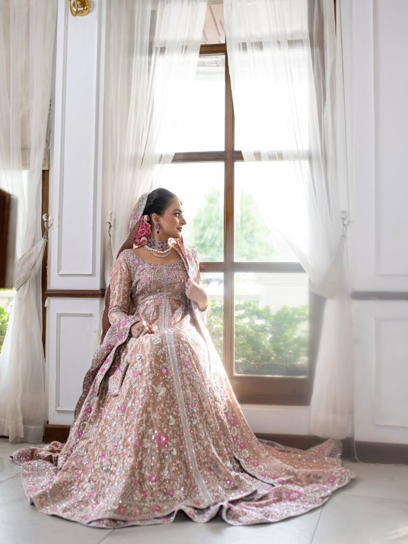 Luxury Bridal Embroidered Lehenga – Rose Gold with Pink Floral Accents - Image 5