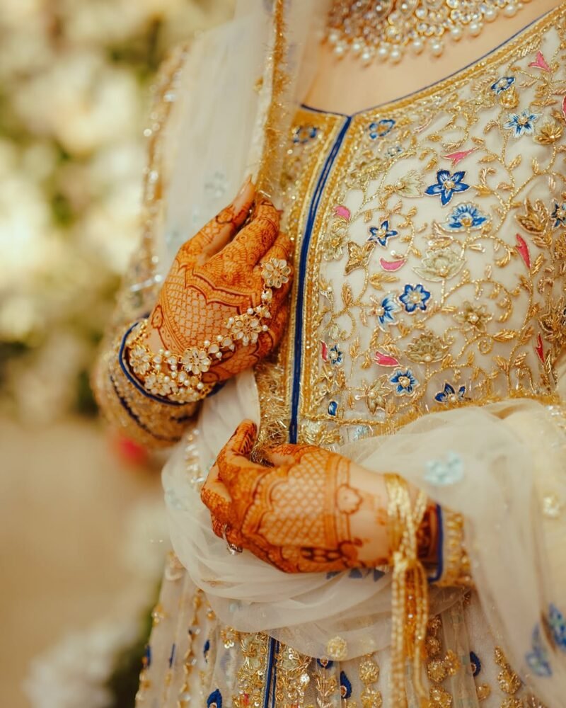 Ivory Gold Bridal Lehenga with Hand Embroidery & Dupatta - Image 4