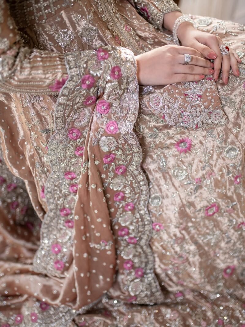 Luxury Bridal Embroidered Lehenga – Rose Gold with Pink Floral Accents - Image 4