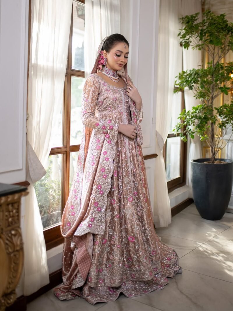 Luxury Bridal Embroidered Lehenga – Rose Gold with Pink Floral Accents - Image 3