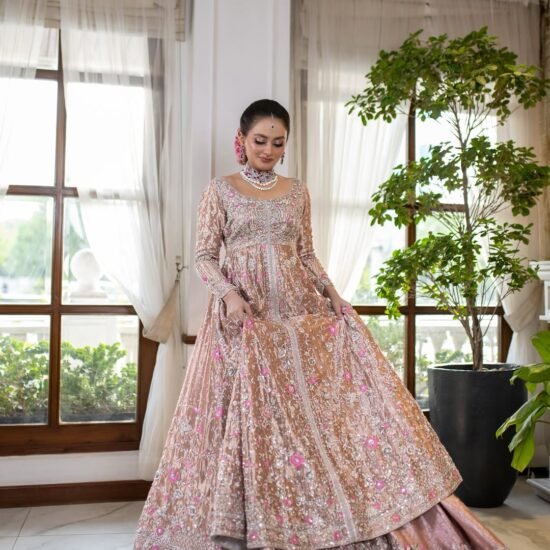 Luxury Bridal Embroidered Lehenga – Rose Gold with Pink Floral Accents