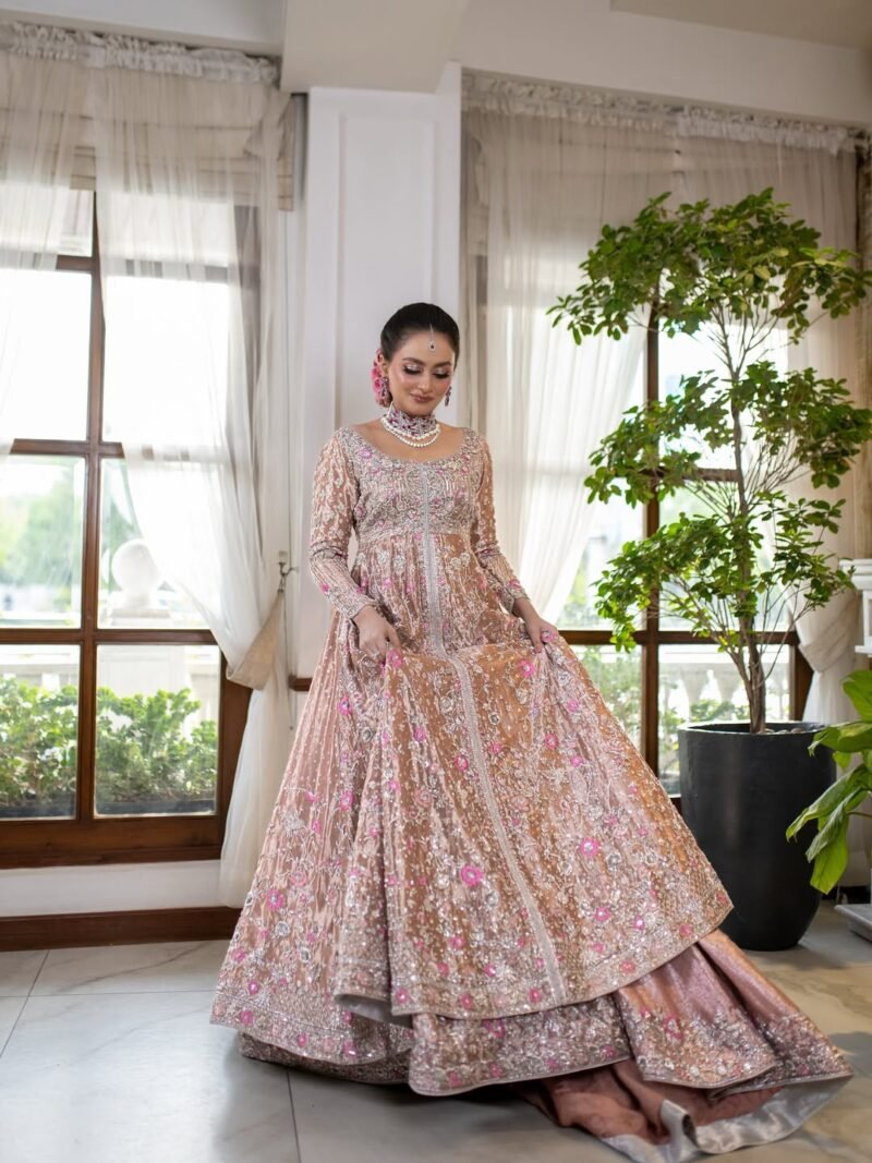 Luxury Bridal Embroidered Lehenga – Rose Gold with Pink Floral Accents