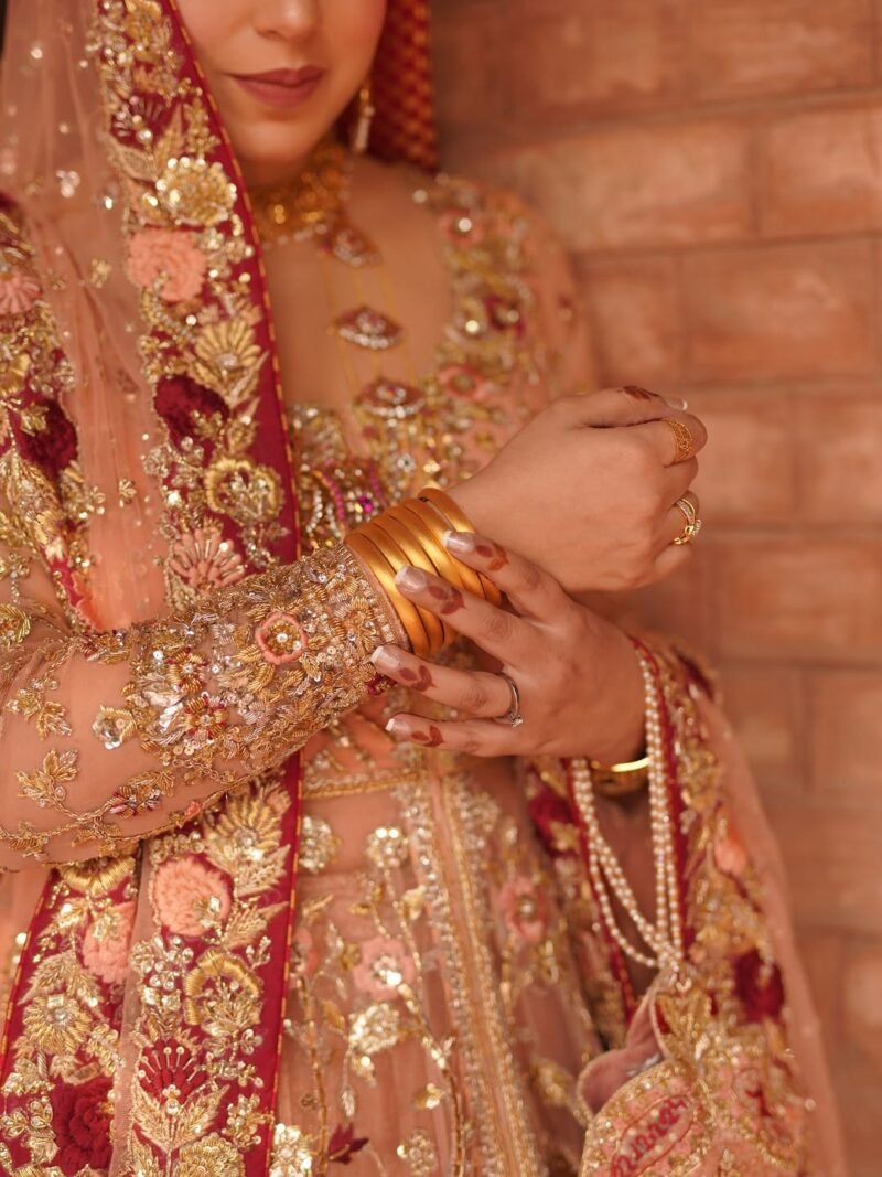 Bridal Lehenga in Soft Peach with Deep Red Embellished Borders - Image 5
