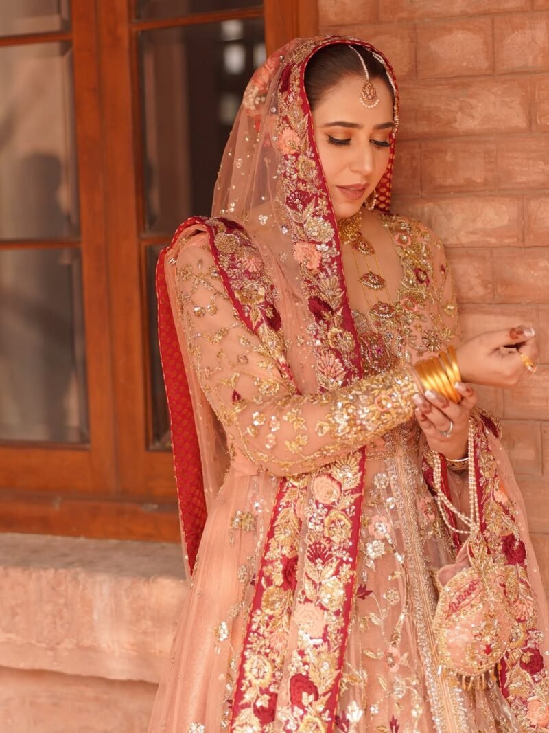 Bridal Lehenga in Soft Peach with Deep Red Embellished Borders - Image 3