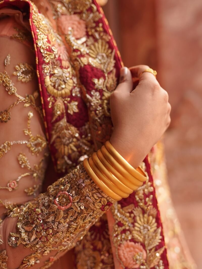 Bridal Lehenga in Soft Peach with Deep Red Embellished Borders - Image 4
