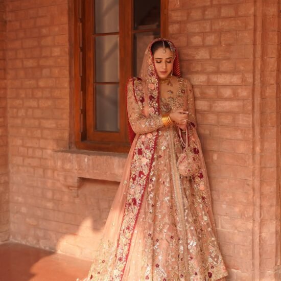Bridal Lehenga in Soft Peach with Deep Red Embellished Borders