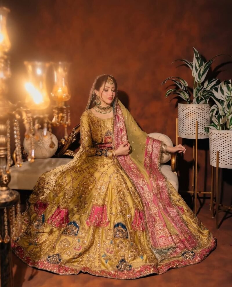 Yellow and Pink Bridal Lehenga with Hand Embroidery