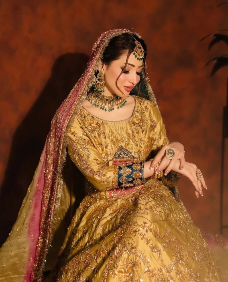 Yellow and Pink Bridal Lehenga with Hand Embroidery - Image 2