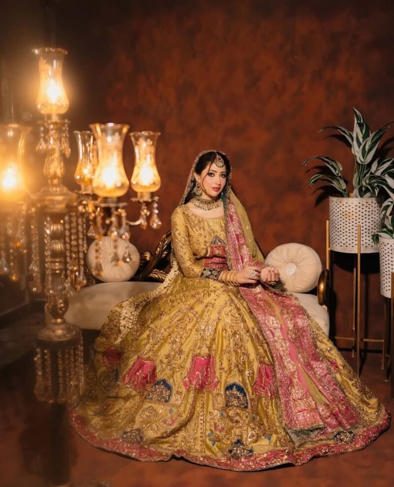 Yellow and Pink Bridal Lehenga with Hand Embroidery - Image 4