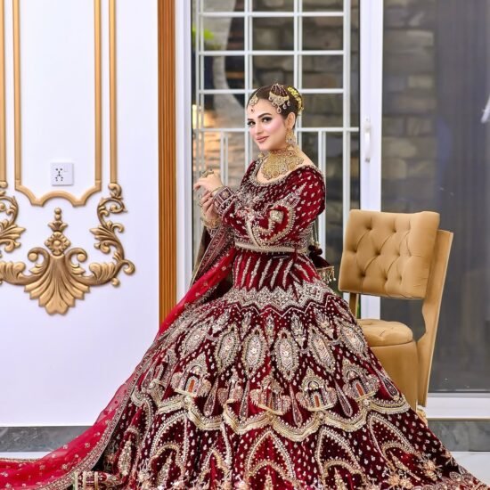 Luxury Bridal Red Embroidered Lehenga Set – Handcrafted Zari & Sequins Work