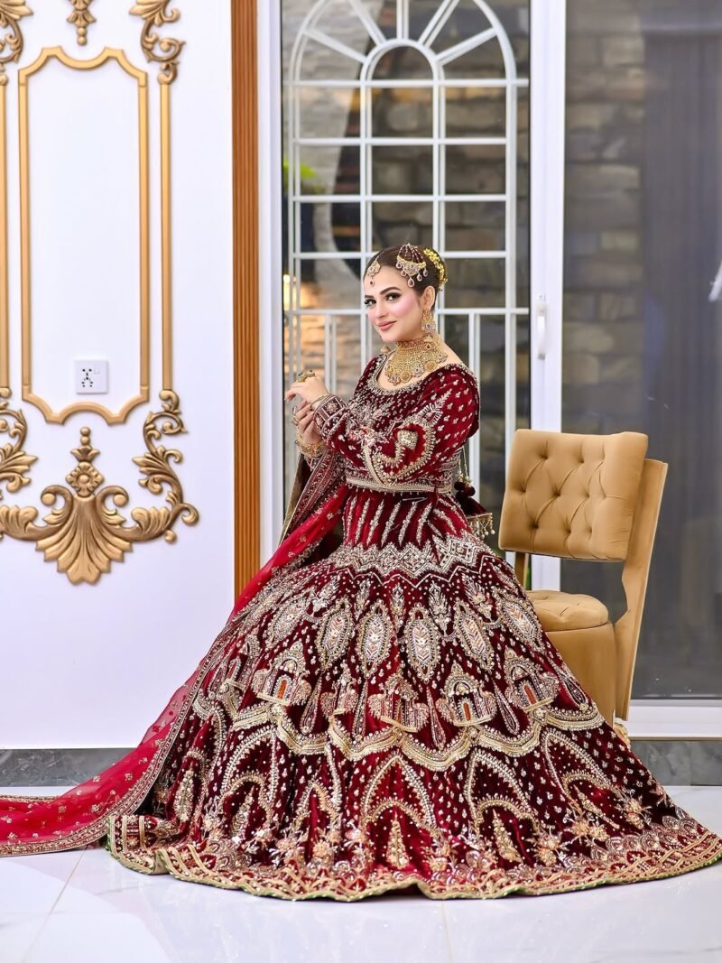 Luxury Bridal Red Embroidered Lehenga Set – Handcrafted Zari & Sequins Work