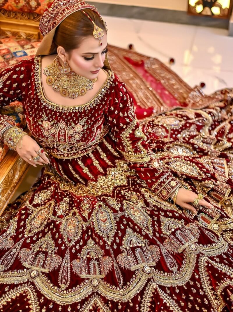 Luxury Bridal Red Embroidered Lehenga Set – Handcrafted Zari & Sequins Work - Image 3