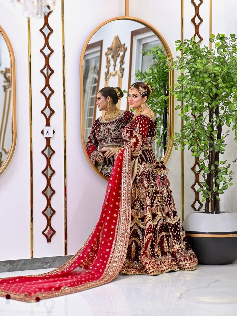 Luxury Bridal Red Embroidered Lehenga Set – Handcrafted Zari & Sequins Work - Image 4